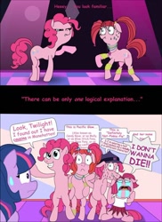 Size: 736x1011 | Tagged: safe, artist:catajpg, imported from derpibooru, pacific glow, pinkie pie, twilight sparkle, earth pony, pony, the clone that got away, the saddle row review, too many pinkie pies, clone, crying, female, pinkie clone