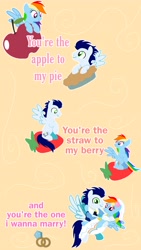 Size: 2598x4618 | Tagged: safe, artist:mlplary6, imported from derpibooru, rainbow dash, soarin', pegasus, pony, apple, bride, clothes, female, food, groom, husband and wife, jewelry, looking at each other, looking at someone, looking at you, love, male, mare, marriage, married couple, pie, ring, shipping, smiling, smiling at each other, smiling at you, soarindash, stallion, straight, strawberry, text