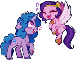 Size: 771x598 | Tagged: safe, artist:esmeia, imported from derpibooru, izzy moonbow, pipp petals, pegasus, pony, unicorn, blushing, duo, eyes closed, female, g5, heart, izzypipp, lesbian, mare, music notes, shipping, simple background, singing, transparent background