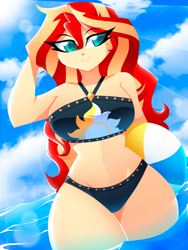 Size: 1500x2000 | Tagged: safe, artist:xan-gelx, imported from derpibooru, sunset shimmer, human, equestria girls, beach ball, belly button, bikini, bikini bottom, bikini top, black bikini, black swimsuit, clothes, cloud, cute, female, legs, legs in the water, legs together, midriff, outdoors, partially submerged, pool toy, shimmerbetes, sky, solo, sun, swimsuit, water, wide hips