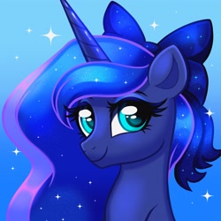 Size: 4000x4000 | Tagged: safe, artist:confetticakez, imported from derpibooru, princess luna, alicorn, pony, bow, bust, cute, female, gradient background, hair bow, looking at you, lunabetes, mare, smiling, smiling at you, solo, sparkles