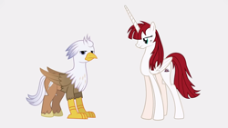 Size: 1280x720 | Tagged: safe, artist:mlp-silver-quill, imported from derpibooru, oc, oc only, oc:fausticorn, oc:silver quill, alicorn, griffon, pony, after the fact, after the fact:the cutie re-mark, duo, griffon oc, lauren faust is not amused, simple background, unamused, white background