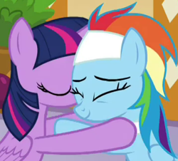 Size: 359x324 | Tagged: safe, imported from derpibooru, screencap, rainbow dash, twilight sparkle, alicorn, pegasus, pony, deep tissue memories, spoiler:deep tissue memories, spoiler:mlp friendship is forever, comforting, cropped, cute, duo, eyes closed, female, hug, mare, massage table, ponyville spa, sitting, smiling, spa pony rainbow dash, twilight sparkle (alicorn), wings