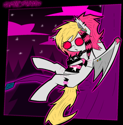 Size: 2150x2192 | Tagged: safe, artist:xxv4mp_g4z3rxx, imported from derpibooru, oc, oc only, oc:batty bliss, bat pony, pony, bat pony oc, bat wings, blonde tail, choker, clothes, cloud, emo, fangs, forest, leg warmers, night, piercing, ponytail, red eyes, scar, self harm, self harm scars, sitting, solo, stars, tail, tree, two toned mane, wings