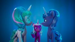 Size: 1920x1080 | Tagged: safe, imported from derpibooru, screencap, opaline arcana, princess celestia, princess luna, alicorn, pony, spoiler:my little pony: make your mark chapter 4, female, filly, foal, g5, my little pony: make your mark, my little pony: make your mark chapter 4