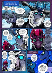 Size: 2480x3508 | Tagged: safe, artist:dsana, idw, imported from derpibooru, fizzlepop berrytwist, princess luna, storm king, tempest shadow, oc, oc:lullaby dusk, pegasus, pony, unicorn, comic:a storm's lullaby, my little pony: the movie, female, filly, foal