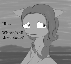 Size: 1700x1536 | Tagged: safe, artist:the crystal artist, derpibooru exclusive, imported from derpibooru, earth pony, pony, black and white, confused, female, floppy ears, g5, gray background, grayscale, jazz hooves, looking sideways, mare, monochrome, question mark, sad, sash, simple background, sitting, sketch, solo, talking, text, worried