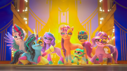 Size: 1920x1080 | Tagged: safe, imported from derpibooru, screencap, hitch trailblazer, izzy moonbow, pipp petals, sunny starscout, zipp storm, earth pony, pegasus, pony, unicorn, spoiler:bridlewoodstock, spoiler:my little pony: make your mark chapter 4, g5, misty brightdawn, my little pony: make your mark, my little pony: make your mark chapter 4, sparky sparkeroni, the manesquerade ball