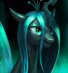 Size: 2520x2700 | Tagged: safe, artist:murskme, imported from derpibooru, queen chrysalis, changeling, changeling queen, bust, female, grin, high res, portrait, smiling, solo, wings