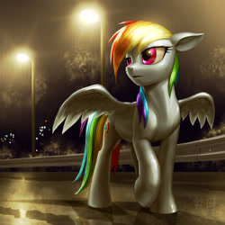 Size: 2500x2500 | Tagged: safe, artist:murskme, imported from derpibooru, rainbow dash, pegasus, pony, asphalt, bush, city, city lights, complex background, digital art, dripping, female, high res, lamppost, lighting, mare, night, open mouth, outdoors, painting, puddle, railing, rain, raised hoof, reflection, road, scenery, scenery porn, shadow, solo, spread wings, standing, street lights, streetlight, turned head, wet, wet mane, wings