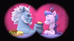 Size: 800x450 | Tagged: safe, imported from derpibooru, screencap, queen haven, pegasus, pony, unicorn, spoiler:my little pony: make your mark chapter 4, alphabittle blossomforth, alphahaven, animated, female, g5, gif, male, my little pony: make your mark, my little pony: make your mark chapter 4, shipping, straight, the jinxie games