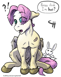 Size: 2662x3354 | Tagged: safe, artist:capt_hairball, imported from derpibooru, angel bunny, fluttershy, pegasus, bandaid, bite mark, butterscotch, dialogue, eye clipping through hair, lilith bunny, looking at you, male, open mouth, rule 63, scrapes, shrug, solo, twig, unshorn fetlocks