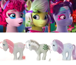 Size: 1400x1200 | Tagged: safe, edit, edited screencap, imported from derpibooru, screencap, blue belle, minty (g1), snuzzle, earth pony, pony, spoiler:bridlewoodstock, spoiler:my little pony: make your mark chapter 4, blue belle (g5), bridlewoodstock, dreamlands, g1, g1 to g5, g5, generation leap, minty (g5), my little pony: make your mark, my little pony: make your mark chapter 4, snuzzle (g5), toy