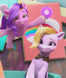 Size: 733x857 | Tagged: safe, imported from derpibooru, screencap, pipp petals, pegasus, pony, spoiler:bridlewoodstock, spoiler:my little pony: make your mark chapter 4, adorapipp, cute, dazzle feather, diadem, duo focus, female, g5, grin, headband, jewelry, looking at you, male, mare, my little pony: make your mark, my little pony: make your mark chapter 4, offscreen character, regalia, skye silver, smiling, smiling at you, stallion, trio