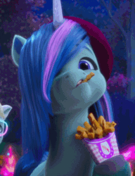 Size: 490x637 | Tagged: safe, imported from derpibooru, screencap, pony, unicorn, spoiler:bridlewoodstock, spoiler:my little pony: make your mark chapter 4, animated, background pony, bridlewoodstock, food, french fries, g5, gif, jaw drop, my little pony: make your mark, my little pony: make your mark chapter 4, reaction image, unnamed character