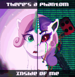 Size: 624x640 | Tagged: safe, artist:autumnsfur, imported from derpibooru, sweetie belle, pony, robot, robot pony, unicorn, friendship is magic, angry, animated, bust, chest fluff, code, crying, cybernetic eyes, dawn, destabilize, detailed background, digital art, duo, error, evening, evil, eyelashes, female, g4, gif, glitch, green eyes, green magic, gritted teeth, gun, horn, laser, looking at you, machine gun, mare, open mouth, pink hair, pink mane, portrait, purple hair, purple mane, rage, red eyes, rocket launcher, sweetie bot, teeth, text, two sided posters, two sides, upset, warning sign, weapon, white coat, white fur, wires
