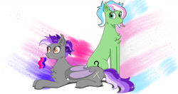 Size: 1573x828 | Tagged: safe, artist:nismorose, imported from derpibooru, oc, oc:anon, oc:belldrums, oc:filly anon, bat pony, earth pony, bat pony oc, bat wings, bisexual, bisexual pride flag, cheek fluff, chest fluff, digital art, ear fluff, ear tufts, fangs, female, filly, flag, lying down, multicolored hair, multicolored mane, multicolored tail, pride, pride flag, pride month, sitting, slit pupils, tail, transgender, transgender pride flag, wings