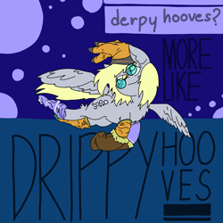 Size: 3508x3508 | Tagged: safe, artist:ponny, imported from derpibooru, derpy hooves, pegasus, clothes, colored, flying, glasses, gloves, rubber gloves, smug, solo, text