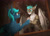 Size: 1920x1372 | Tagged: safe, artist:klarapl, imported from derpibooru, oc, oc only, oc:guttatus, anthro, bat pony, cat, pony, alternate universe, anthro oc, bat pony oc, bat wings, ear tufts, indoors, looking at each other, looking at someone, mirror, spread wings, touch, wings