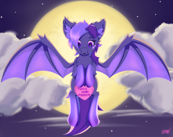 Size: 2222x1762 | Tagged: safe, artist:sinnah, imported from derpibooru, bat pony, pony, cloud, flying, hoof hold, looking at something, moon, runes, sky, solo, spread wings, wings