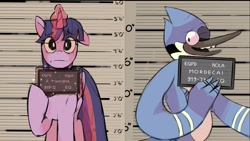 Size: 1638x922 | Tagged: safe, artist:nolazzelbark, imported from derpibooru, twilight sparkle, alicorn, bird, blue jay, pony, barbie mugshot meme, crossover, crossover shipping, duo, duo male and female, female, looking at you, magic, male, meme, mordecai, mordetwi, mugshot, one ear down, one eye closed, regular show, shipping, smiling, straight, sweat, sweatdrop, telekinesis, twilight sparkle (alicorn), wink, winking at you, worried