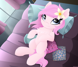 Size: 2612x2254 | Tagged: safe, artist:andaluce, imported from derpibooru, oc, oc:kayla, earth pony, pony, bed, bedroom, chest fluff, cute, female, filly, foal, lineless, mare, smiling, solo