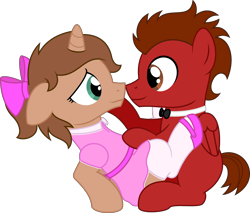 Size: 3026x2575 | Tagged: safe, artist:peternators, imported from derpibooru, oc, oc:heroic armour, oc:slide fortissimo, pegasus, pony, unicorn, bow, bowtie, clothes, colt, crossdressing, dress, floppy ears, foal, hair bow, looking at each other, looking at someone, male, mary janes, shoes, show accurate, shy, simple background, socks, thigh highs, transparent background