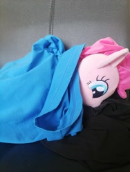Size: 3000x4000 | Tagged: safe, imported from derpibooru, pinkie pie, earth pony, pony, blanket, chair, clothes, cute, diapinkes, female, irl, mare, photo, pinkie pie plushie, plushie, resting, seat, shirt, sleepy, smiling, solo, t-shirt