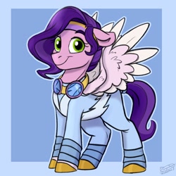 Size: 1200x1200 | Tagged: safe, artist:rutkotka, imported from derpibooru, pipp petals, pegasus, pony, clothes, female, flight suit, g5, goggles, jumpsuit, looking at you, simple background, smiling, solo, spread wings, wings
