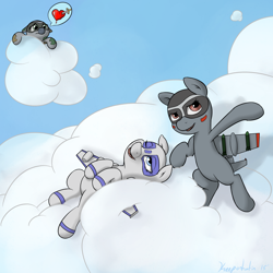 Size: 2500x2500 | Tagged: safe, artist:keeponhatin, oc, oc only, oc:air liner, oc:blitz, oc:skybreaker, original species, plane pony, pony, a-10 thunderbolt ii, boeing 737, cloud, female, heart, heartbreak, mare, mig-25, on a cloud, one eye closed, plane, sharp teeth, sword, teeth, weapon