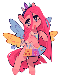 Size: 1537x1947 | Tagged: safe, artist:d0kukiui, imported from derpibooru, pinkie pie, earth pony, pony, fanfic:cupcakes, apron, clothes, cute, cutie mark dress, diapinkes, dress, female, hairband, horn, mare, open mouth, pinkamena diane pie, simple background, solo, white background, wings