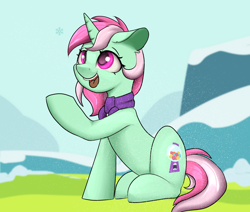 Size: 2600x2200 | Tagged: safe, artist:dumbwoofer, imported from derpibooru, minty bubblegum, pony, unicorn, clothes, ear fluff, female, field, grass, hill, looking up, mare, open mouth, raised hoof, scarf, sitting, smiling, snow, snowfall, snowflake, solo, winter