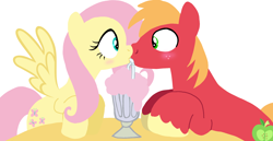 Size: 1980x1020 | Tagged: safe, artist:mlplary6, imported from derpibooru, big macintosh, fluttershy, earth pony, pegasus, pony, accidental kiss, blushing, drink, female, fluttermac, food, looking at each other, looking at someone, male, mare, milkshake, shipping, simple background, stallion, straight, white background