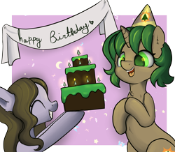 Size: 2315x2020 | Tagged: safe, artist:dumbwoofer, imported from derpibooru, oc, oc only, oc:dumbwoofer, oc:pine shine, earth pony, pony, unicorn, birthday, birthday cake, cake, candle, celebration, chest fluff, chocolate cake, ear fluff, eyes closed, female, females only, food, grin, happy, hat, mare, open mouth, party hat, simple background, smiling, transparent background
