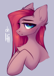Size: 1760x2492 | Tagged: safe, artist:monphys, imported from derpibooru, pinkie pie, earth pony, pony, big ears, bust, chest fluff, dialogue, female, frown, hi, lidded eyes, mare, pinkamena diane pie, portrait, signature, simple background, solo