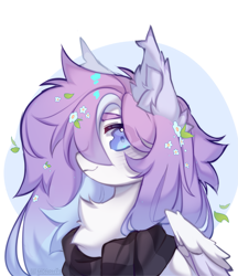 Size: 2845x3300 | Tagged: safe, artist:monphys, imported from derpibooru, oc, pegasus, pony, chest fluff, clothes, deadfriend, ear fluff, flower, flower in hair, pegasus oc, scarf, solo, wings