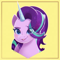 Size: 1280x1280 | Tagged: safe, artist:puyohh, imported from derpibooru, starlight glimmer, pony, unicorn, bust, eye clipping through hair, eyebrows, eyebrows visible through hair, g4, g4 to g5, g5, generation leap, open mouth, open smile, portrait, smiling, solo