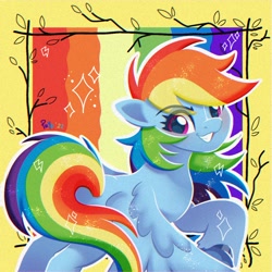 Size: 1280x1280 | Tagged: safe, artist:puyohh, imported from derpibooru, rainbow dash, pegasus, pony, eye clipping through hair, eyebrows, eyebrows visible through hair, grin, looking at you, smiling, solo, sparkles, spread wings, wings