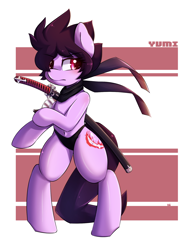 Size: 1400x1800 | Tagged: safe, artist:tikrs007, imported from derpibooru, oc, oc only, oc:yumi, anthro, earth pony, belly button, bipedal, clothes, commission, female, katana, mare, ninja, panties, scarf, solo, sword, thong, underwear, weapon