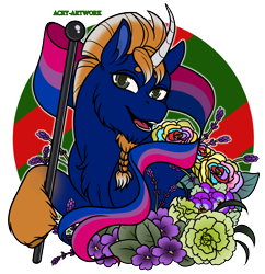 Size: 3050x3150 | Tagged: safe, artist:acry-artwork, imported from derpibooru, oc, oc:venomous stray, pony, unicorn, bisexual pride flag, bust, commission, flower, male, portrait, pride, pride flag, pride month, solo, stallion, ych result