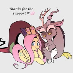 Size: 1080x1080 | Tagged: safe, artist:naquelinedelch2, imported from derpibooru, discord, fluttershy, draconequus, pegasus, pony, antlers, blushing, bunny ears (gesture), discoshy, duo, female, flower, heart, horn, interspecies, looking at you, lying down, male, peace sign, shadow, shipping, simple background, sitting, straight, support, thank you, thanks