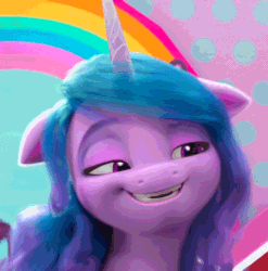 Size: 648x657 | Tagged: safe, imported from derpibooru, izzy moonbow, pony, unicorn, spoiler:bridlewoodstock, spoiler:my little pony: make your mark, spoiler:my little pony: make your mark chapter 4, spoiler:myms04e01, animated, cropped, eyebrow wiggle, female, g5, gif, loop, mare, my little pony: make your mark, my little pony: make your mark chapter 4, solo