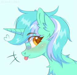Size: 1591x1535 | Tagged: safe, artist:belkaart0w0, imported from derpibooru, lyra heartstrings, pony, unicorn, :p, blushing, bust, chest fluff, colored pupils, ear fluff, portrait, simple background, smiling, solo, tongue out