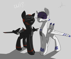 Size: 3000x2500 | Tagged: safe, artist:keeponhatin, oc, oc only, oc:cloudwalker, oc:val, original species, plane pony, pony, duo, female, gray background, mare, one eye closed, open mouth, plane, simple background, smiling, sr-71 blackbird, wink, xb-70 valkyrie