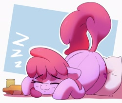 Size: 1782x1508 | Tagged: safe, artist:pabbley, imported from derpibooru, berry punch, berryshine, earth pony, pony, bottle, cute, eyebrows, eyebrows visible through hair, eyes closed, female, lying down, mare, onomatopoeia, passepartout, pillow, simple background, smiling, solo, sound effects, white background, zzz