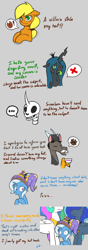 Size: 2480x7016 | Tagged: safe, artist:wild-thunder06, imported from derpibooru, accord, applejack, discord, princess celestia, princess luna, queen chrysalis, trixie, alicorn, changeling, changeling queen, draconequus, earth pony, unicorn, ..., accessory theft, applejack's hat, big crown thingy, blushing, bone, clothes, cowboy hat, cup, dead, element of magic, exclamation point, facial hair, fangs, female, frown, hat, height difference, implied king sombra, jewelry, male, mare, moustache, peytral, regalia, sad, shaking, skeleton, speech bubble, sweat, sweatdrops, teacup, this will end in pain, this will not end well, tongue out, trembling, trixie's hat, x