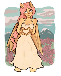 Size: 2000x2500 | Tagged: safe, artist:meliciamelano, imported from derpibooru, fluttershy, anthro, plantigrade anthro, detailed background, flower, heart, heart hands, looking at you, mountain, smiling, smiling at you, solo, white dress