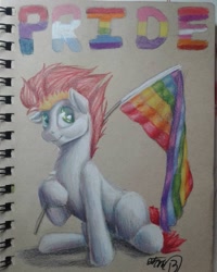 Size: 1080x1350 | Tagged: safe, artist:octaneblaze-blog, imported from derpibooru, oc, oc only, earth pony, pony, flag, male, pride flag, pride month, signature, sitting, smiling, solo, traditional art