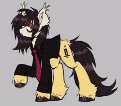 Size: 2341x2050 | Tagged: safe, artist:mxmx fw, imported from derpibooru, bat pony, bat pony unicorn, hybrid, pony, unicorn, broken horn, clothes, ear fluff, emo, fangs, gerard way, gray background, hair over one eye, hoof polish, horn, looking at you, makeup, my chemical romance, ponified, simple background, solo, suit, three cheers for sweet revenge, unshorn fetlocks