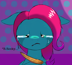 Size: 1700x1536 | Tagged: safe, artist:the crystal artist, derpibooru exclusive, imported from derpibooru, earth pony, pony, crying, description is relevant, dialogue, feather, female, floppy ears, g5, imminent death, implied death, implied rocky riff, jazz hooves, lidded eyes, looking at someone, looking at something, looking down, mane melody (location), mare, missing accessory, possible death, raised hoof, sad, solo, story included, text